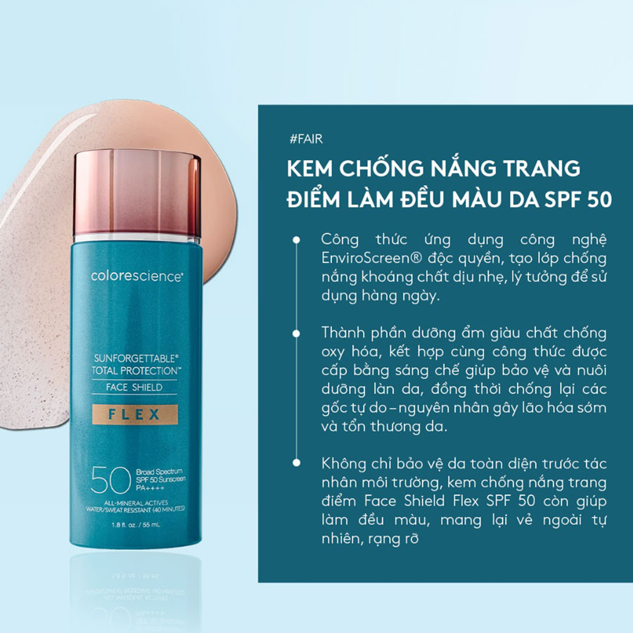 Colorescience Face Shield Flex SPF 50 - Fair là kem chống nắng vật lý kết hợp trang điểm nhẹ